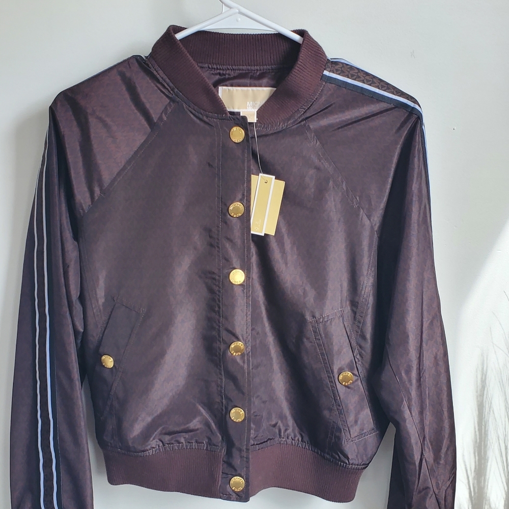 NWT Michael Kors Brown Monogram Logo Bomber Jacket with Gold Buttons Size Medium